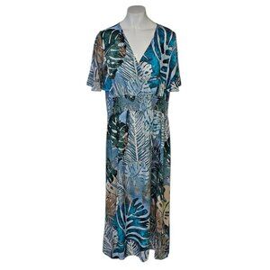Simply Art Dolcezza Palm Leaf Printed V-Neck Flutter Sleeve Dress, Smocked, L